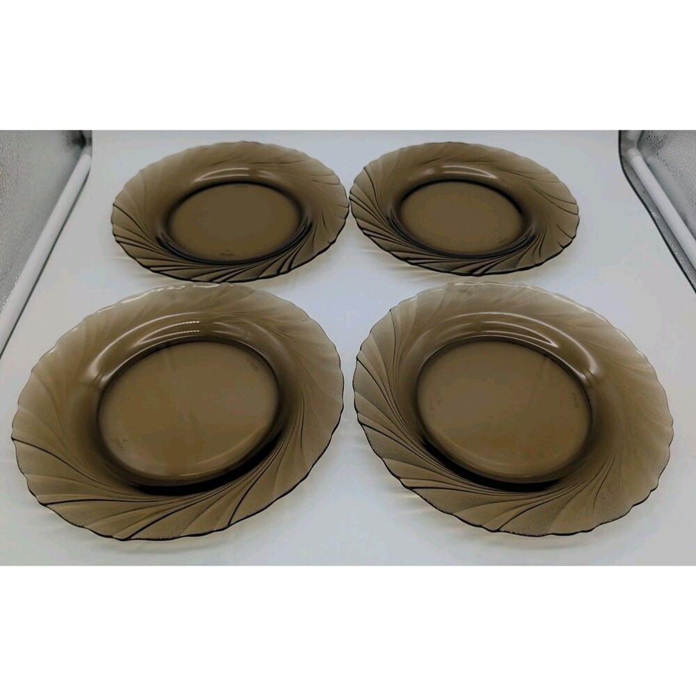 4 Vtg Vereco France Smoke Brown Swirl Glass Plates Retro France 9"